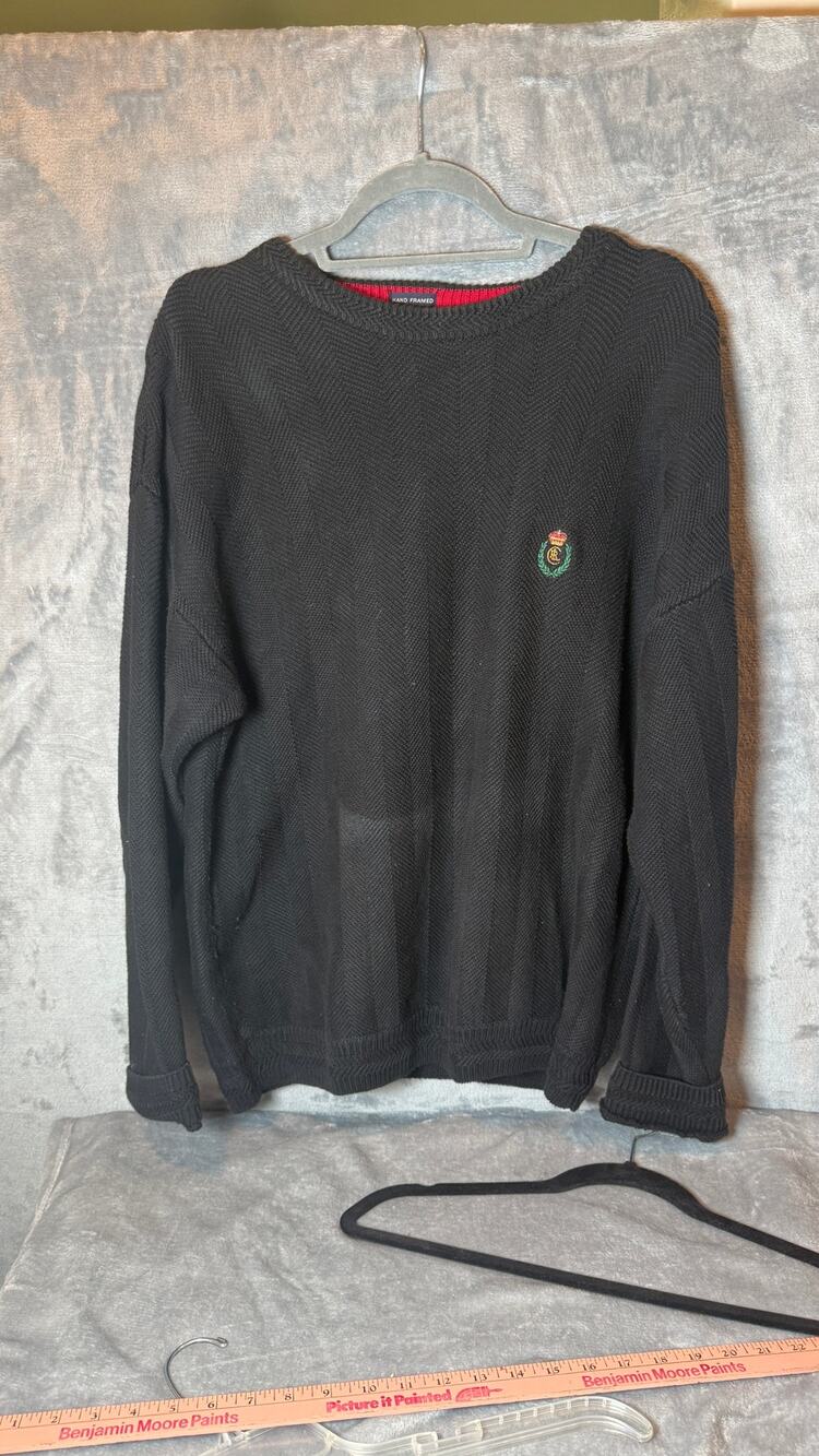 Vintage 90s Chaps Ralph Lauren Men M Black Cotton Chevron Knit Sweater